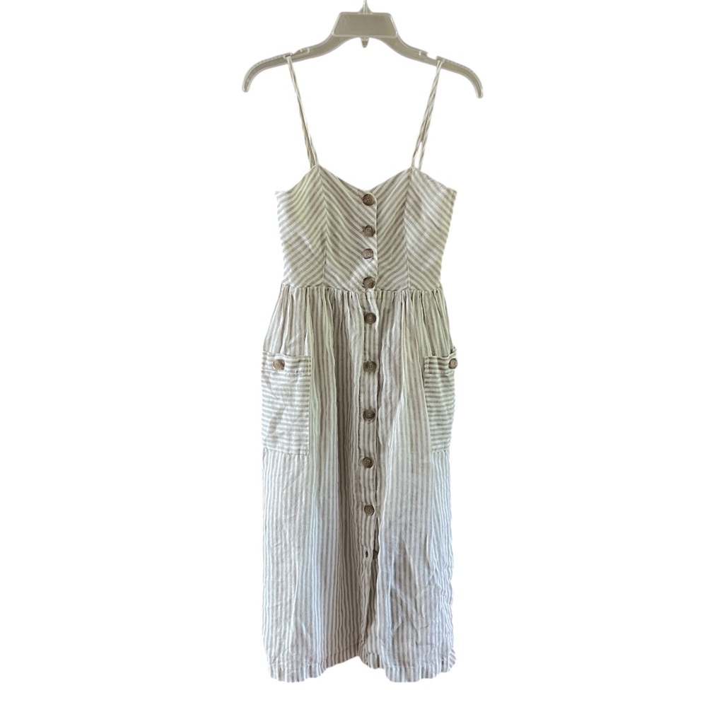 Mango MNG Striped Linen Blend Midi Dress Button Front Cream Tan Size 2